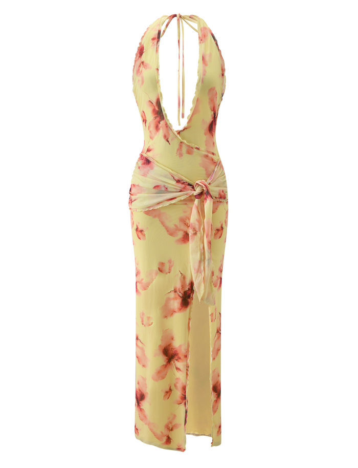 The ALLEGRA MAXI DRESS by TIGERMIST features a yellow watercolour floral print, sleeveless plunging halter neckline, ruched sides, sash waist, and a high leg split for allure.