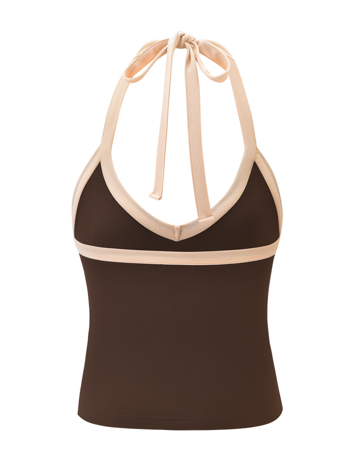 The ALYSIA TOP - CHOCOLATE by TIGERMIST is a halter neck top in chocolate brown with light beige trim, ribbed halter ties, and a stylish bow at the back of the neck.