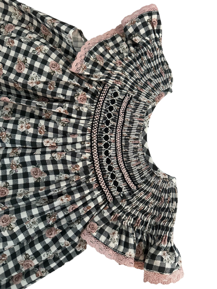 Amelia Black Rose Gingham Handsmocked Dress