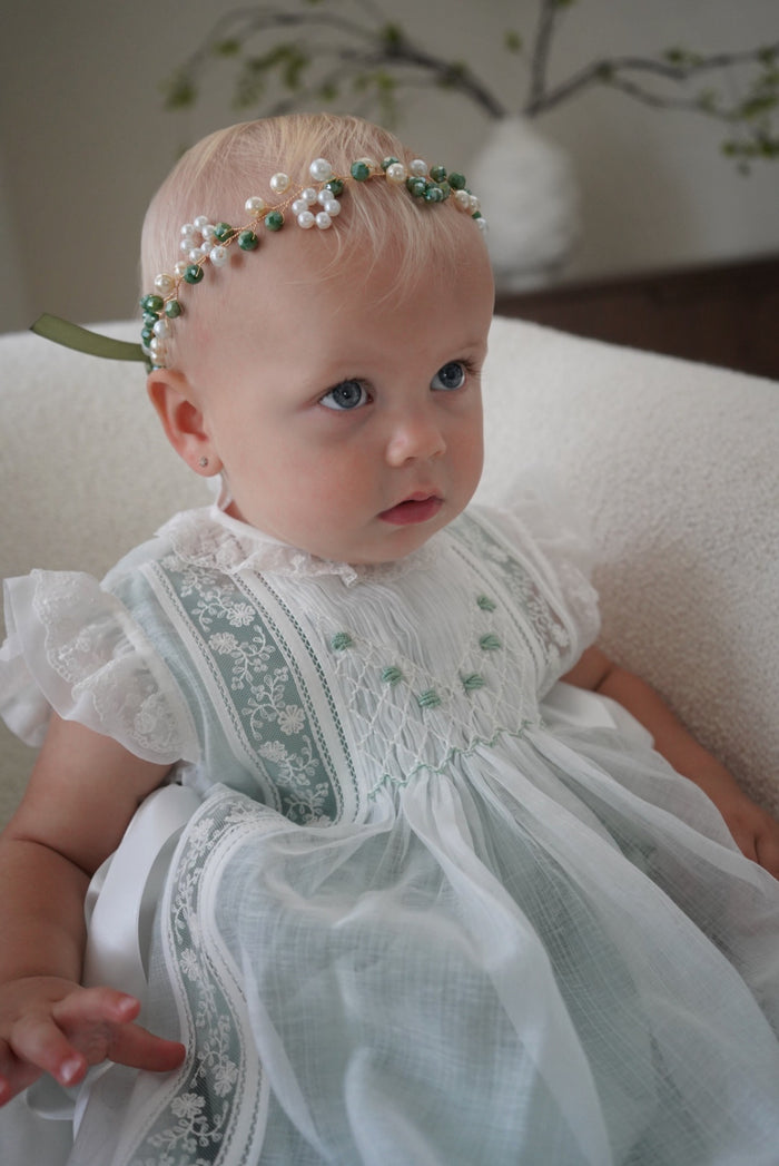Aurora Luxe Off White/Green 2-piece Handsmocked Dress