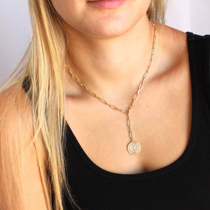 Avery Gold Coin Lariat Necklace: 19 in