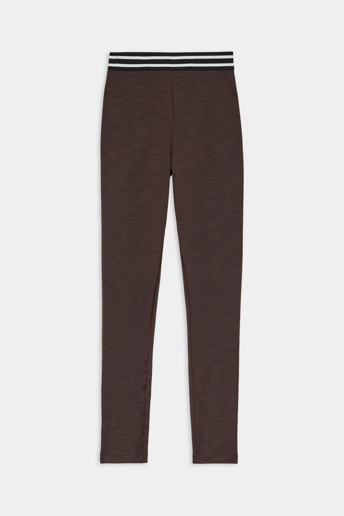 The SPLITS59 Bailey High Waist Active Rib 7/8 in Heather Dark Chocolate features a black and white striped elastic waistband and is crafted from active rib fabric—perfect for gym workouts—shown flat on a white background.