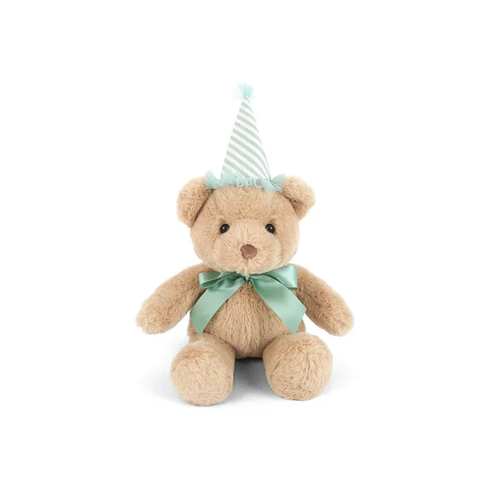 Birthday Bear Plush wearing a mint striped party hat and coordinating satin bow