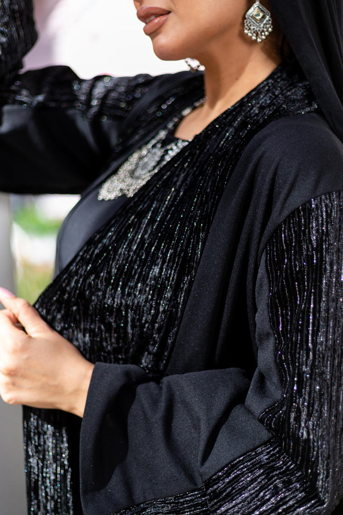 Black Velvet Plisse Kaftan detail view from Debaj women’s kaftan collection