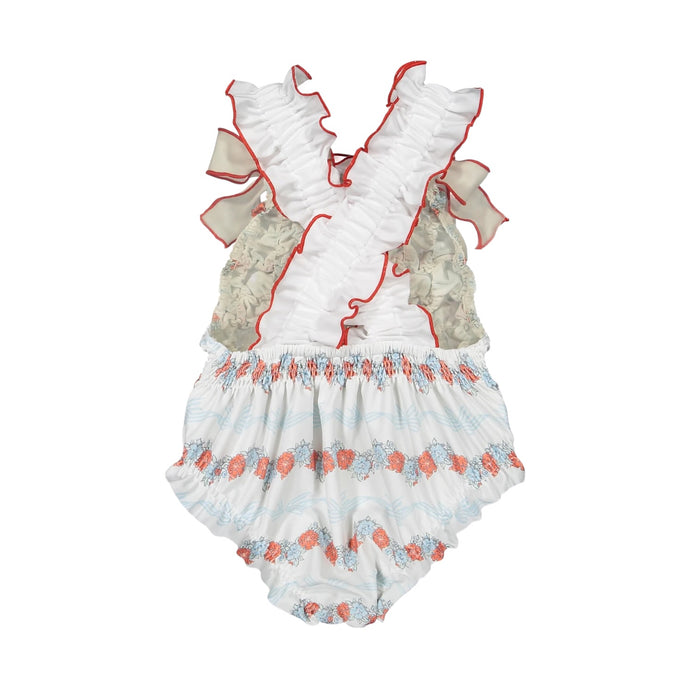 Back view of Breeze Frilled Swimsuit with cascading ruffles and coral-edged bows