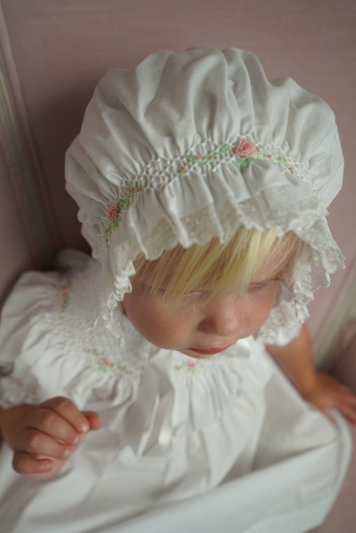Candice White Handsmocked Bonnet