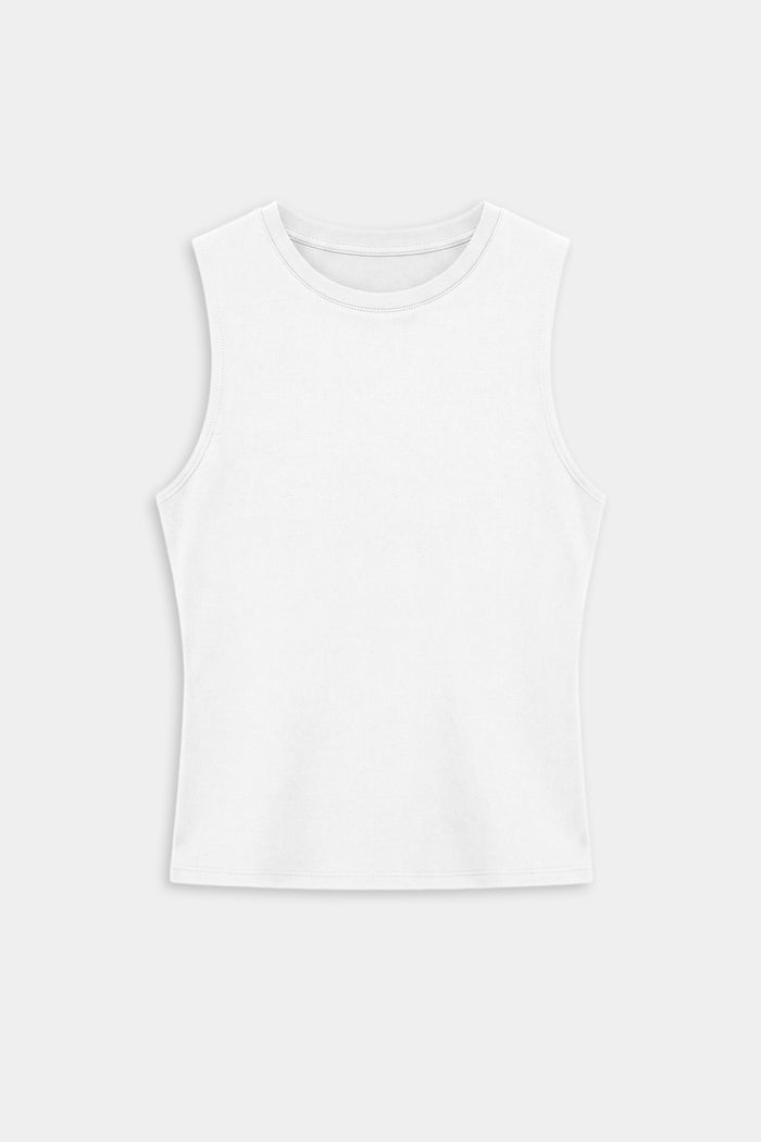 The SPLITS59 Carter Airweight Lite Tank in white, a buttery soft, sleeveless workout top, is displayed on a plain light gray background.