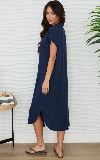 Celia Gauze Short Sleeve Button Down Dress - Navy