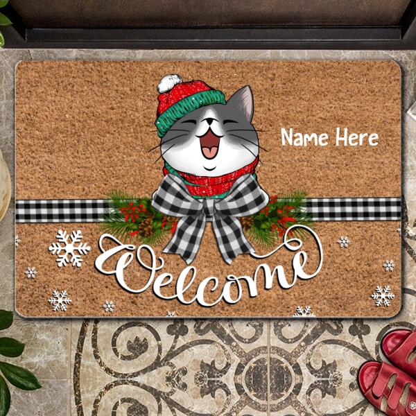Christmas Personalized Doormat, Gifts For Cat Lovers, Welcome Black & White Plaid Bow Holiday Doormat