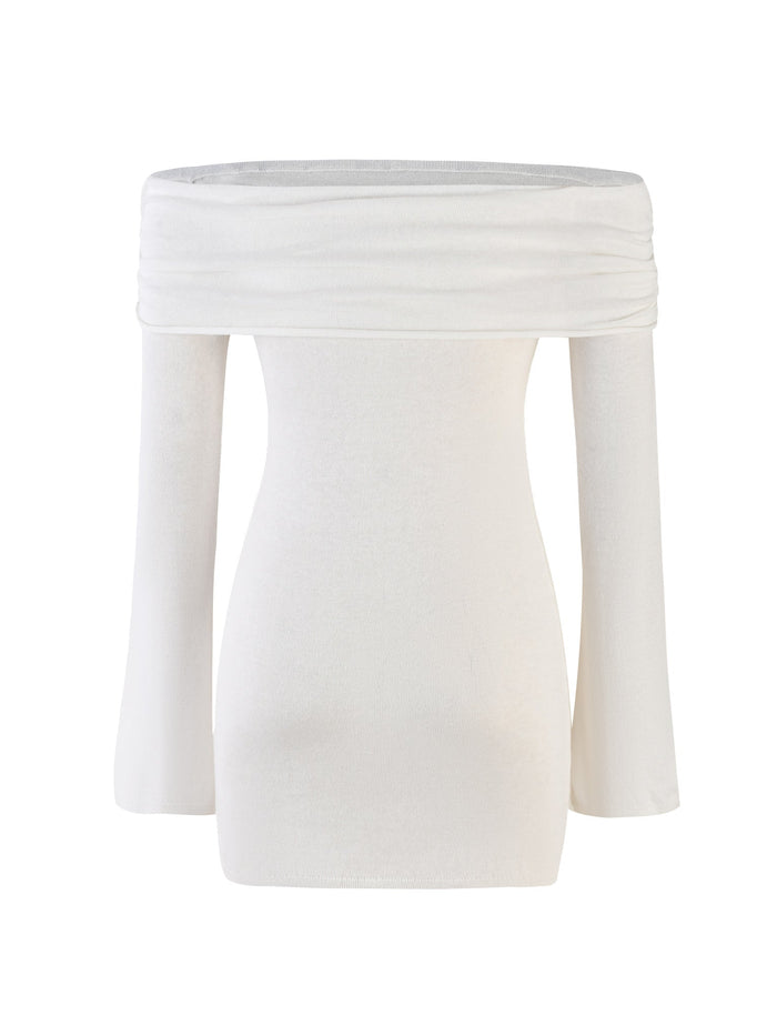 A mannequin wearing the DIEDRE Jumper Dress - White : Cream by TIGERMIST showcases an off-shoulder, long-sleeved design. The smooth and slightly stretchy fabric provides a fitted look around the torso with flared sleeves, extending to the upper thigh for a minimalist and elegant style.