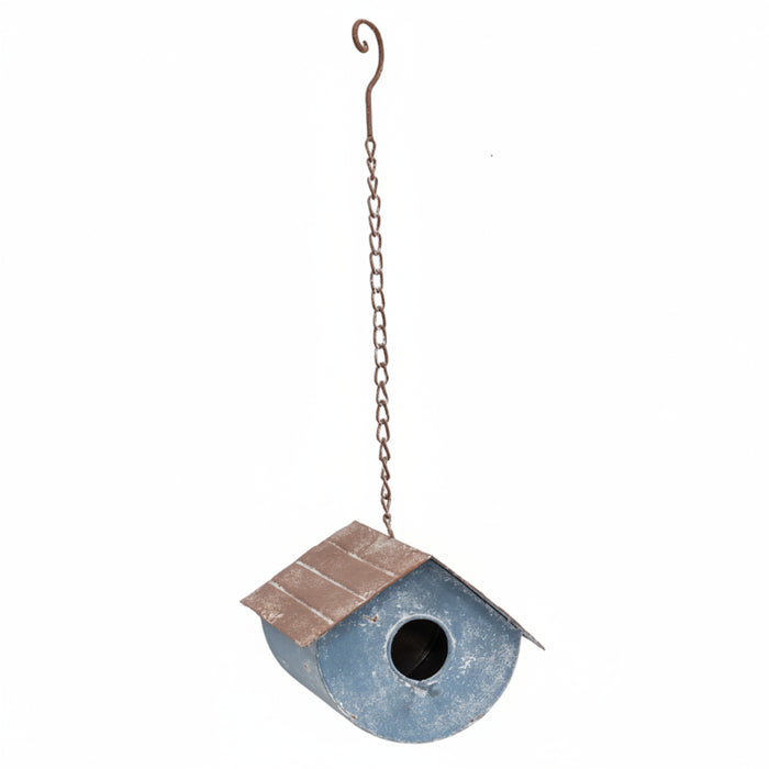 distressed blue metal birdhouse