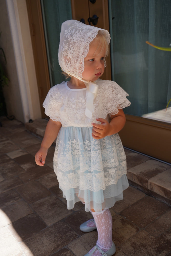 Ella Blue Tulle Dress with Bonnet
