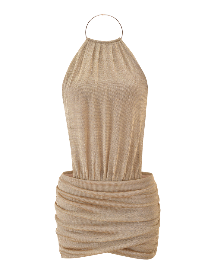 The TIGERMIST EVANNA MINI DRESS - GOLD is a sleeveless halter-neck mini dress with a gathered draped skirt and metallic ring high neck, shown on a plain white background.