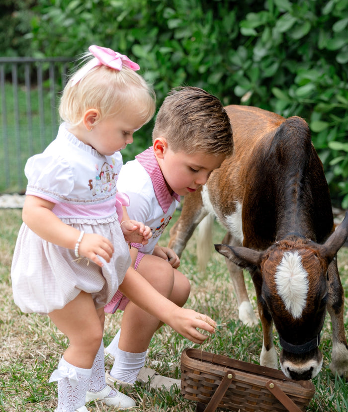 Farm Animals French Knot Embroidered Girl Romper