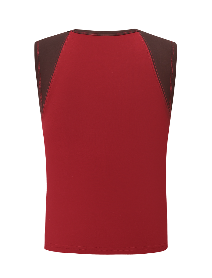The FIERA TEE - RED by TIGERMIST is a sleeveless athletic top with a red body and dark brown shoulder panels, displayed from the back on a plain white background.