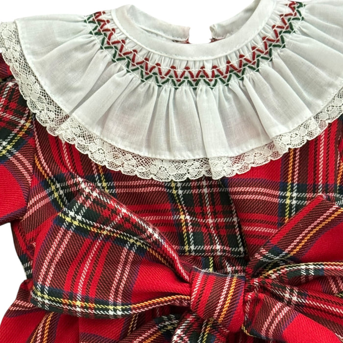Gerarda Red Tartan Smocked Neckline Long Sleeves Bow Romper