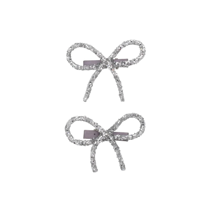 Glitter Bow Clips - Silver