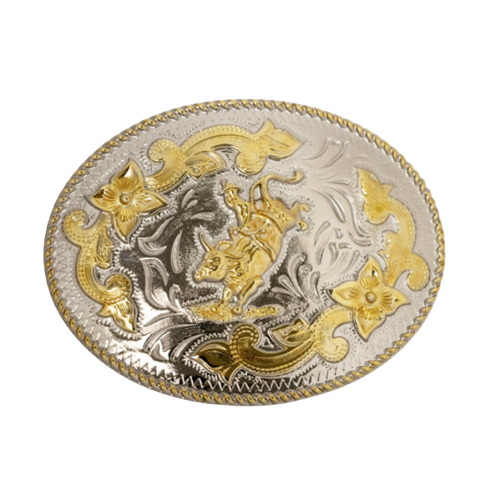 gold and silver rope edge bull rider western buckle