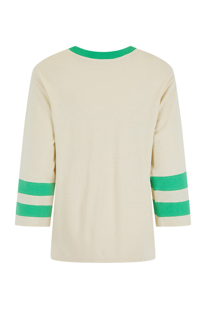 Back flat lay of cream hemp-organic cotton tee, green contrast rib neckline and double sleeve stripe detail