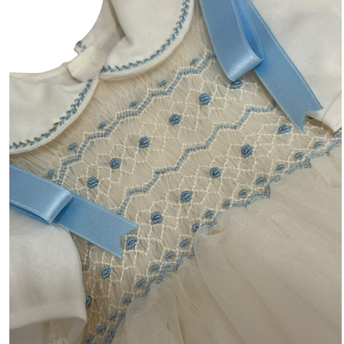 Close-up of light blue handsmocking and trim on Ian Ivory Romper