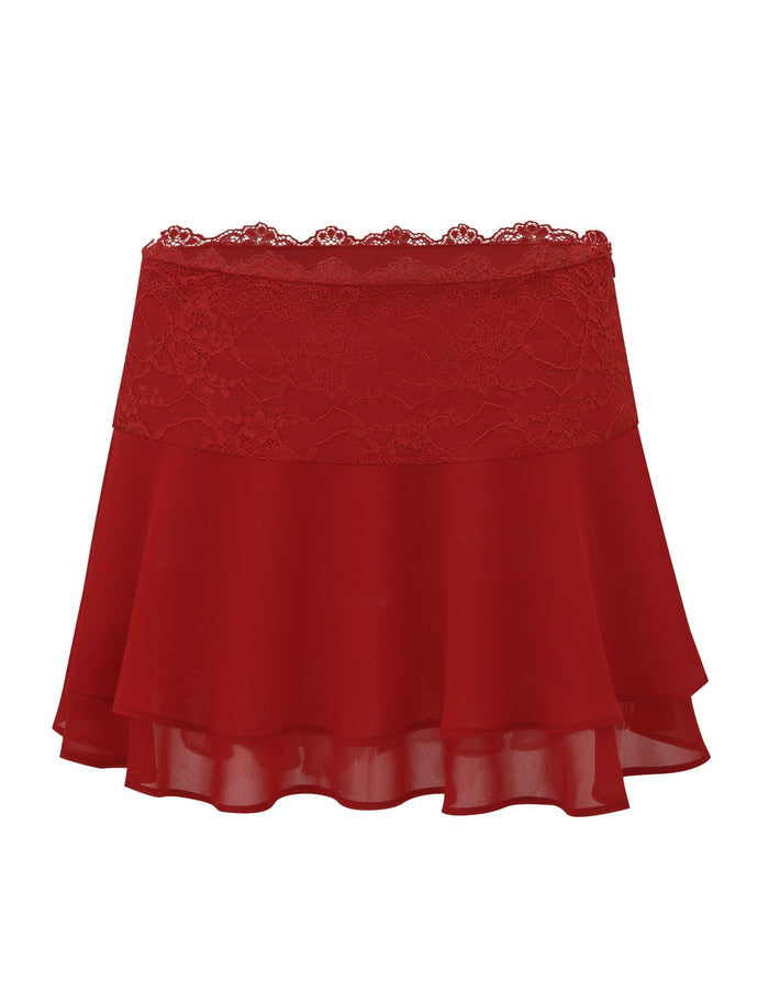 The INDIGO SKIRT - RED by TIGERMIST is a red chiffon mini skirt with a lace waistband, sheer flowy fabric, tiered design, flared silhouette, and delicate lace trim for an elegant look.