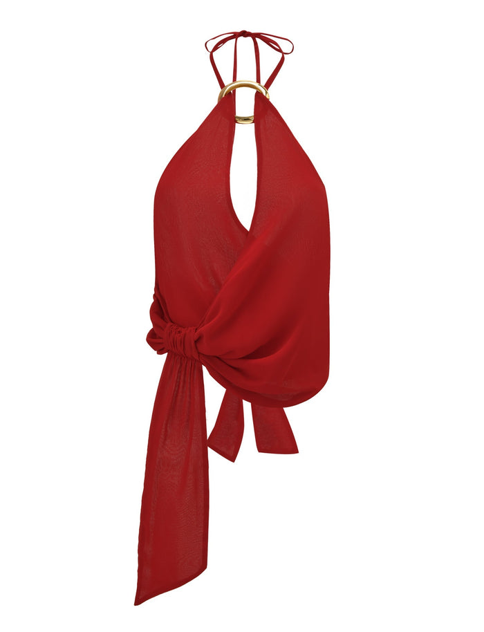 The INDIGO TOP - RED by TIGERMIST is a sleeveless halter neck chiffon top featuring a gold ring neckline, open back, and large side tie. Lightweight fabric drapes elegantly for a bold look.
