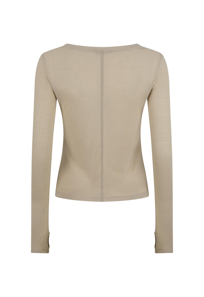 Back flat lay of stone lyocell-hemp fitted long sleeve tee showing centre panel seam and thumbhole cuffs