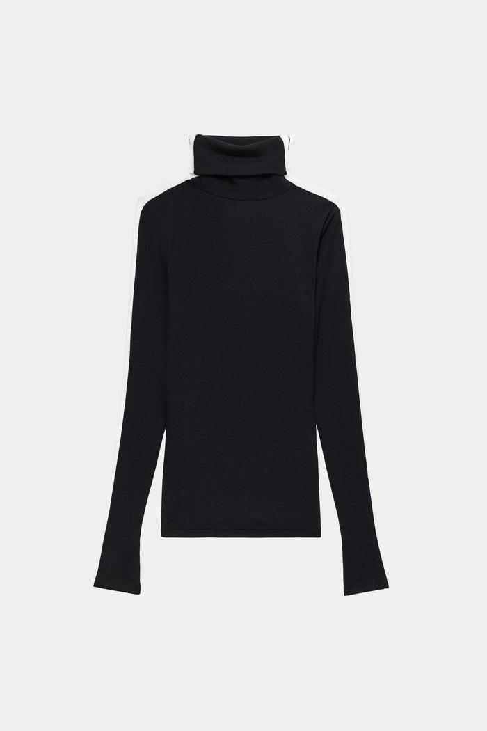 The SPLITS59 Jackson Rib Full Length Turtleneck in Black/White is laid flat against a plain white background.