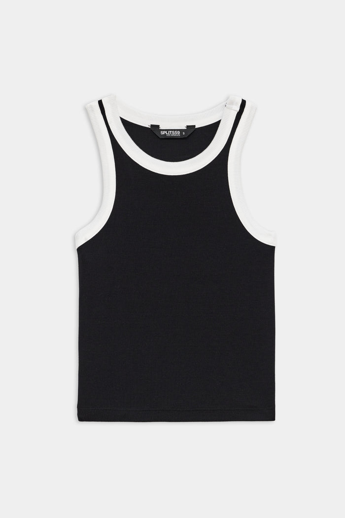 Sleeveless black tank top with white trim around the neckline and armholes, laid flat on a white background.