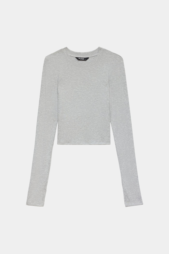 A plain light gray long-sleeve crop top is laid flat on a white background.