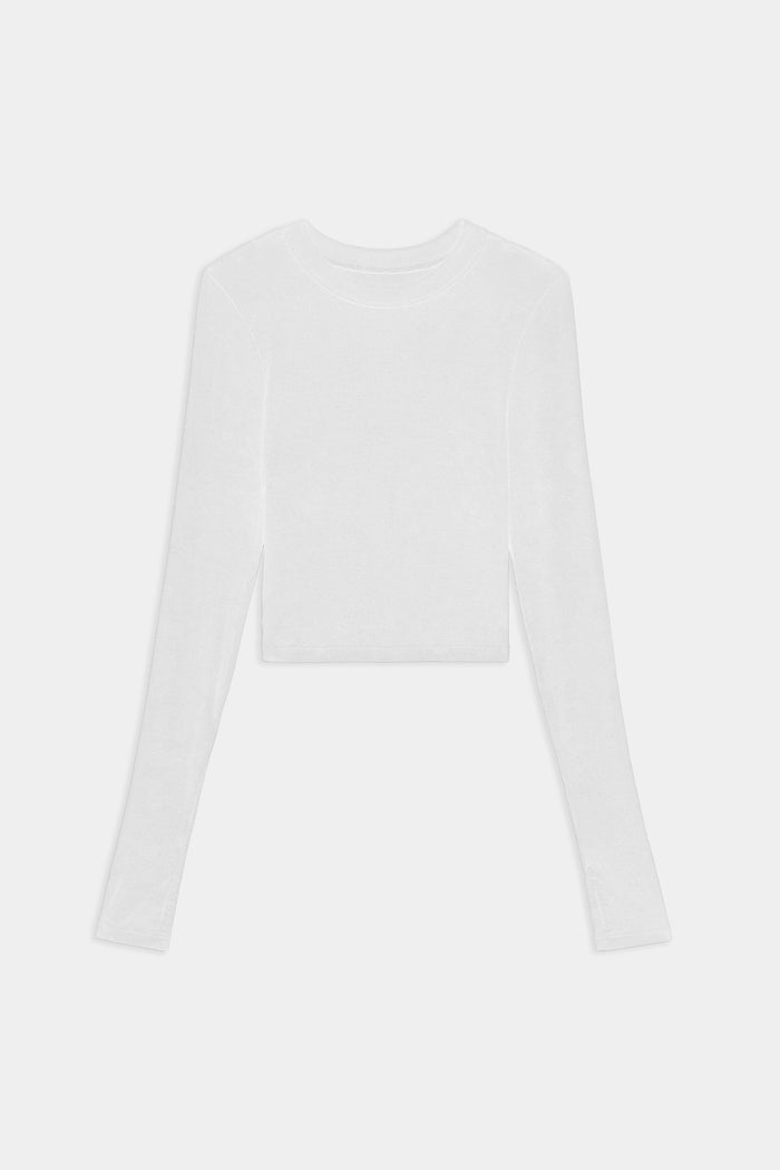 The Louise Rib Long Sleeve Crop in White by SPLITS59 is crafted from soft baby rib fabric and shown laid flat on a white background—ideal as a stylish workout top or casual essential.
