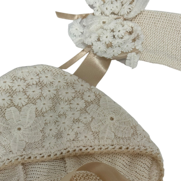 Close-up of coordinating bonnet and ribbon details from Judith II Beige and Camel Set