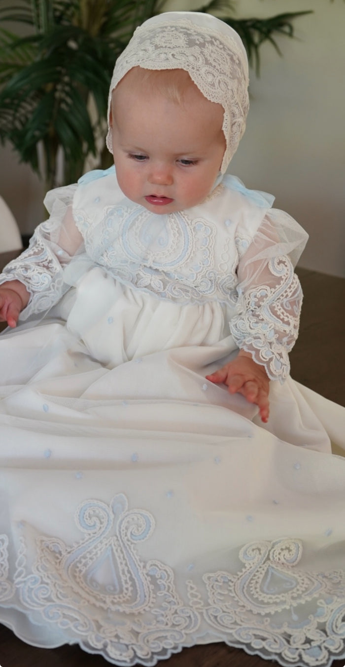 Margorie Blue Brocade Tulle Lace Gown