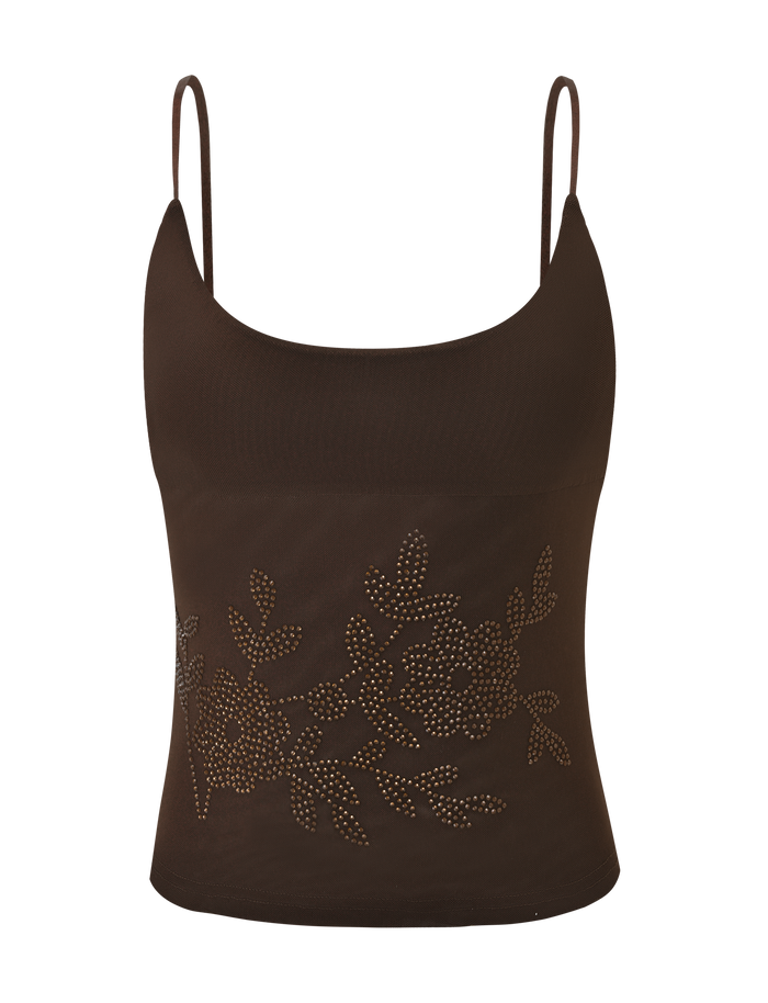 The CL - OCTAVIA TOP by tigermist-twp-dev is a brown sleeveless crop top with thin straps and a scoop neckline, adorned on the front with a floral pattern made of small gold studs.