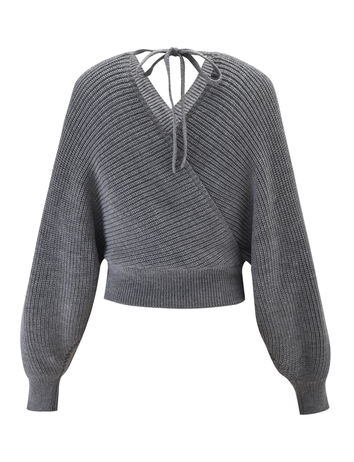 The TIGERMIST RAVEN JUMPER in grey features a faux wrap design, ribbed texture, long bell sleeves, deep V-back with neck tie closure, and a fitted waistband for a flattering silhouette.