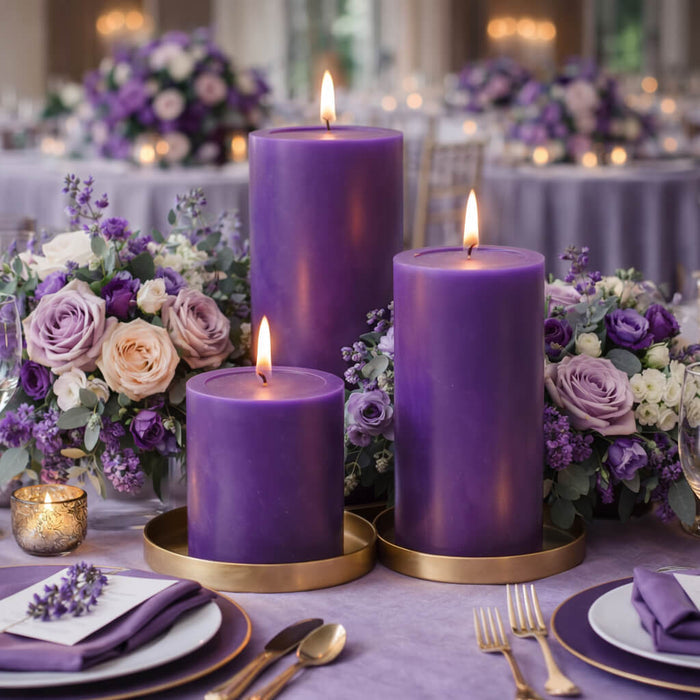 Richland Pillar Candles 3"x3", 3"x6" & 3"x9" Purple Set of 3