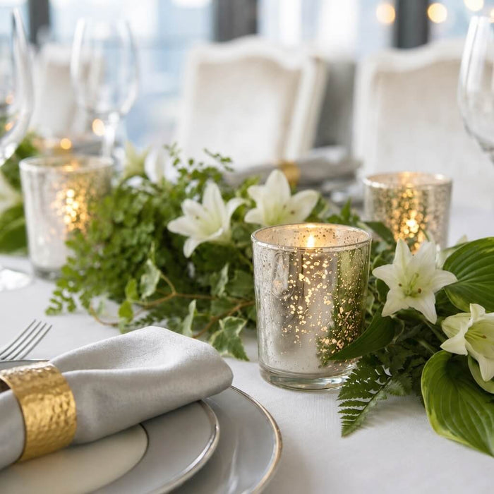 Silver Mercury Votive Holders with lit candles on a white tablescape with white lilies