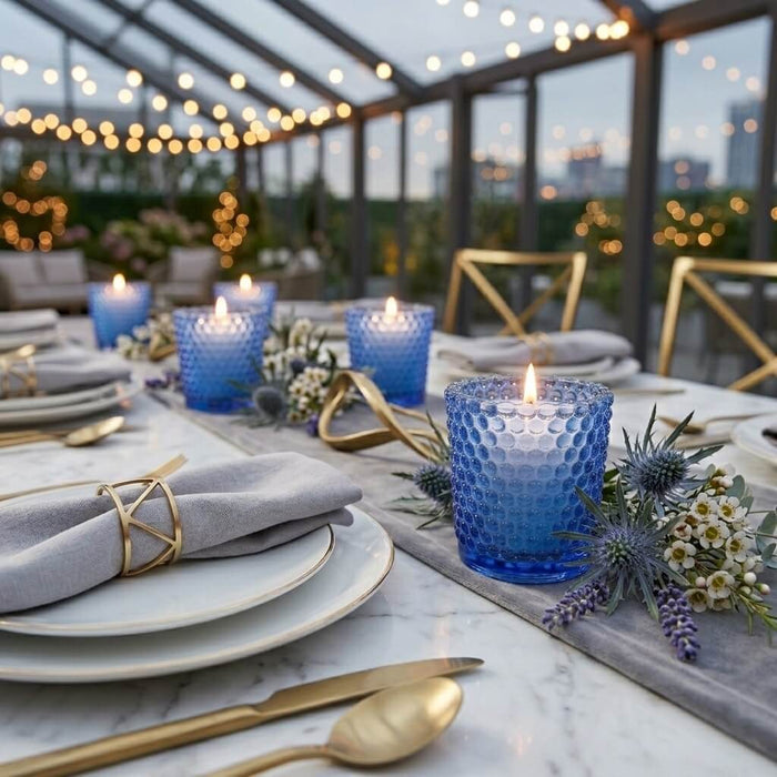 Blue hobnail votive holders with lit white candles on elegant outdoor dining table