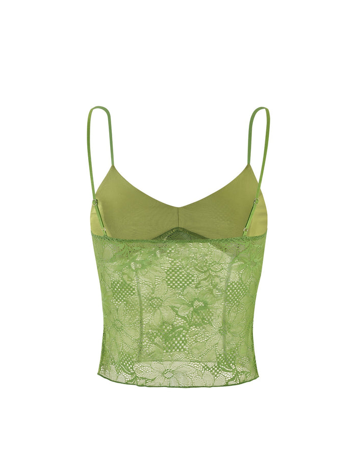 The SASKIA TOP - GREEN by TIGERMIST features a delicate floral lace pattern on the lower half and solid green fabric on top, with adjustable spaghetti straps. This elegant and feminine camisole is perfect for layering or wearing alone.
