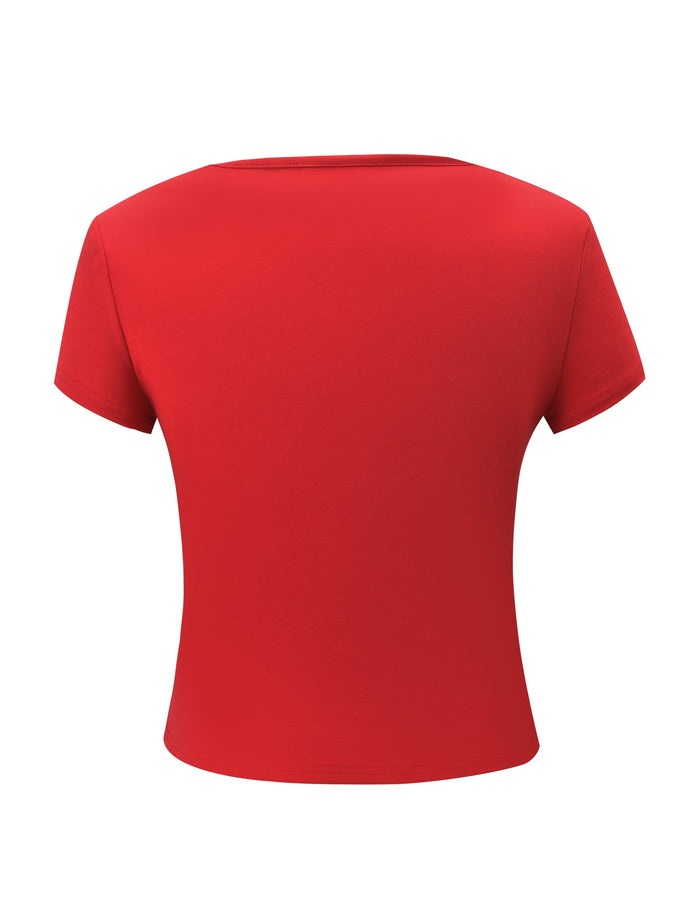 The SAVINA TOP - RED by TIGERMIST is displayed from the back, featuring a plain red design with short sleeves against a white background.