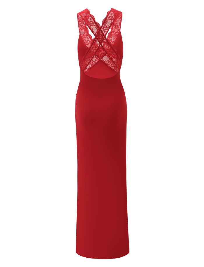 The SERAPHINE MAXI DRESS - RED by TIGERMIST is a sleeveless, floor-length bodycon dress with red lace and crisscrossed sheer lace straps at the back.