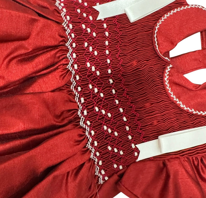 Shantung Guinda Red Girl Handsmocked Romper
