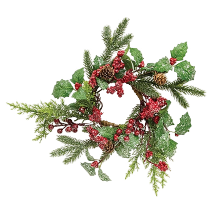 shimmering holly pine and berries candle ring 3.5 inch