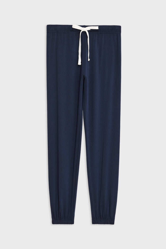 Front flat view of dark blue sweatpant jogger with white drawstring