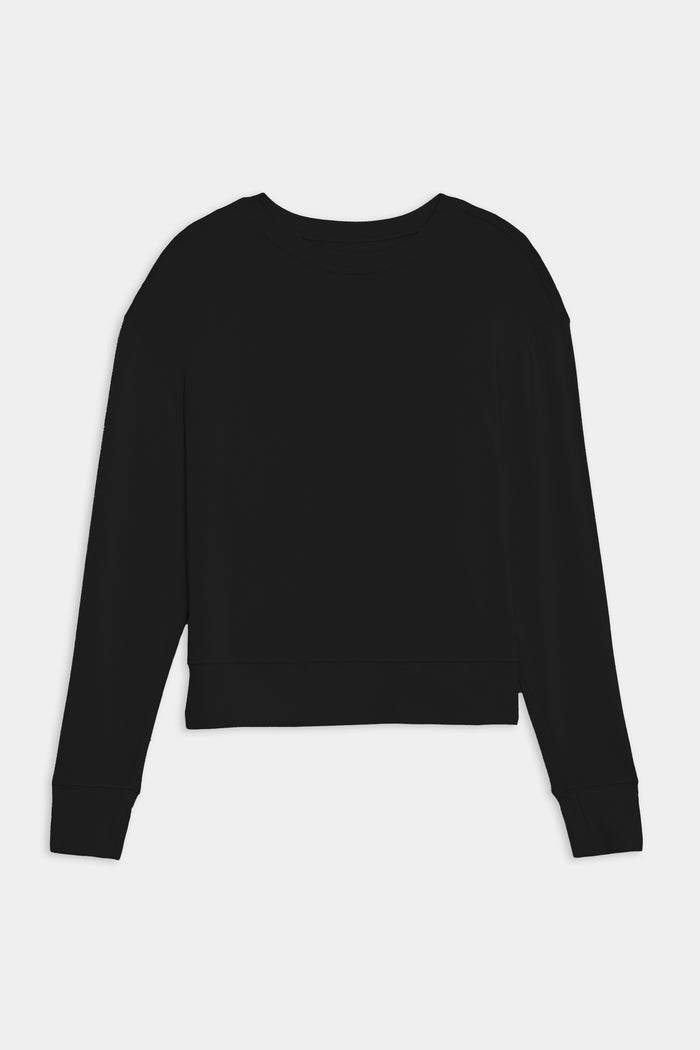 The Sonja Fleece Sweatshirt in black, a long-sleeve piece from SPLITS59, is featured laid flat on a white background, proudly MADE IN LOS ANGELES.