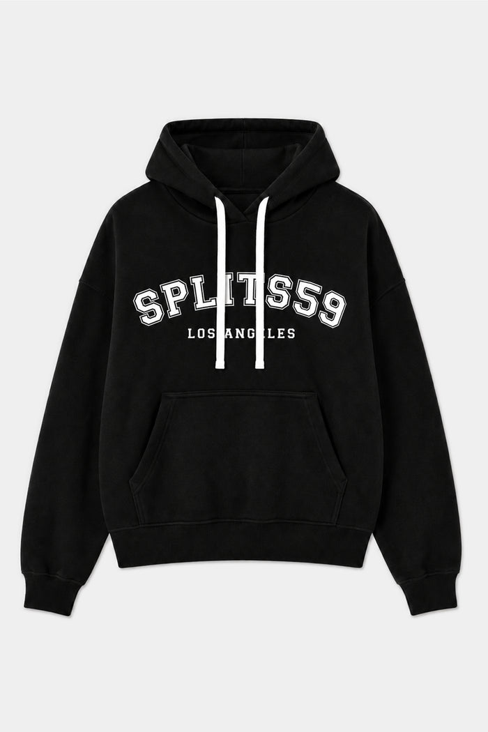 Stella French Terry Oversized Hoodie by SPLITS59 in black, featuring soft cotton fabric, white drawstrings, and “SPLITS59 LOS ANGELES” text on the front, displayed flat against a plain background.
