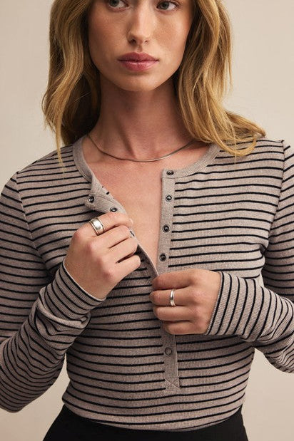 Stella Stripe Henley - Heather Taupe