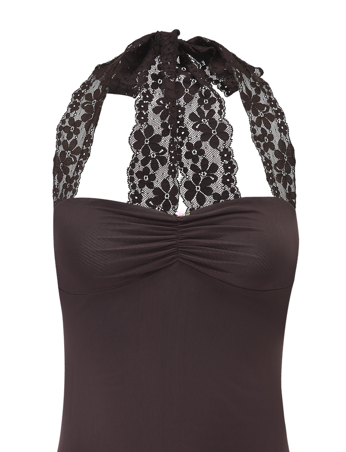 A close-up of the TIGERMIST TAWNY MINI DRESS in chocolate, featuring a lace halter design with a sweetheart neckline, floral lace straps, and ruched bust detail, displayed on a plain white background.