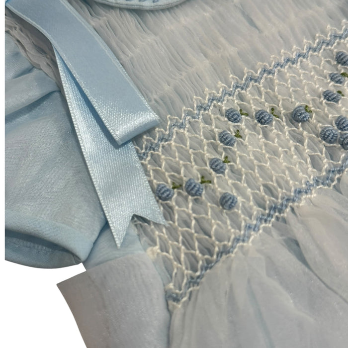Close-up of delicate smocking and sleeve detailing on Theo Light Blue Romper