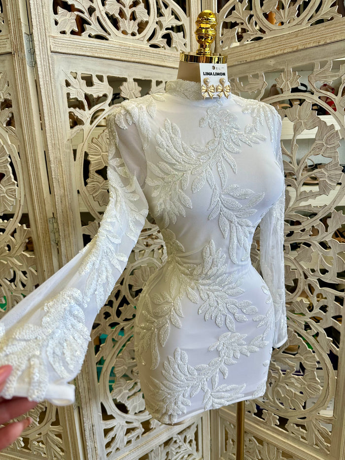 White Sequin Mini Dress- Stretchy,Estira